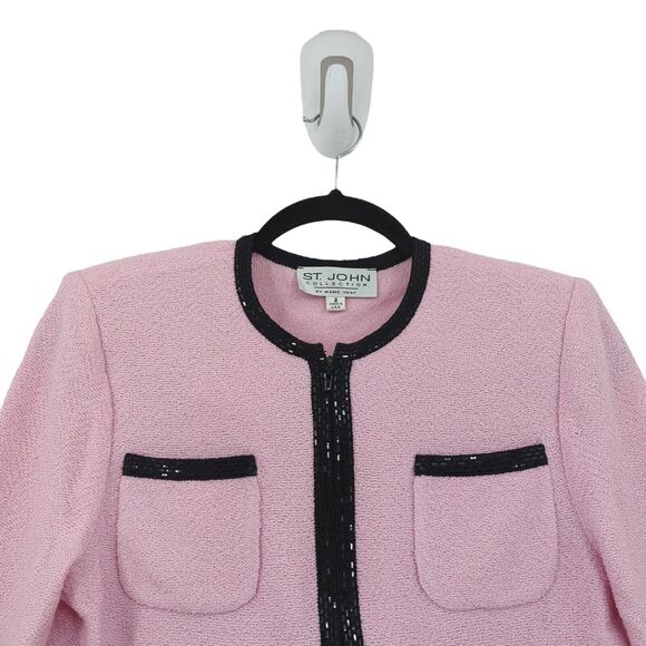 St John Women 2 Suit Set Pink Black Blazer Pants Santana Knit Pleated Paillettes - Picture 4 of 15